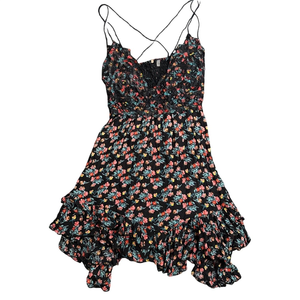 Free People FP One Floral Lace Mini Dress Black Ruffle Boho Strappy XS